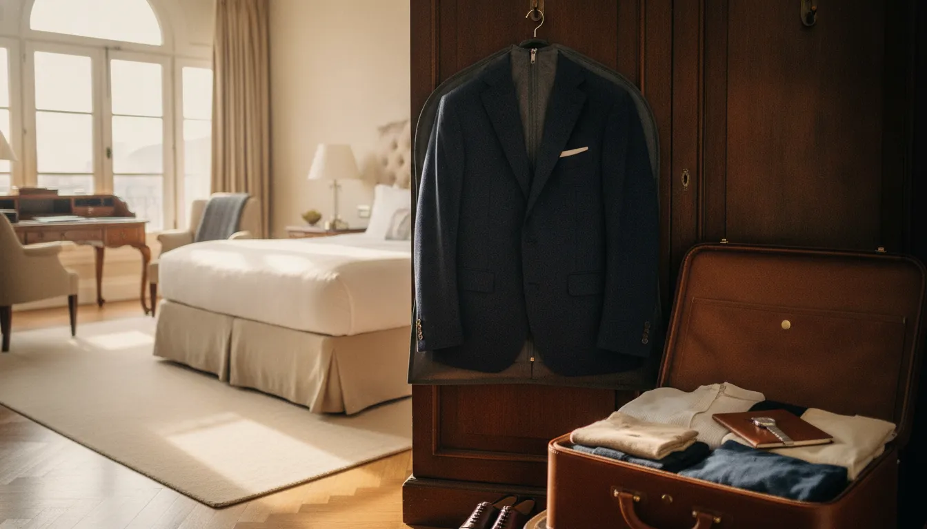 Tailored navy suit and garment bag prepared for travel