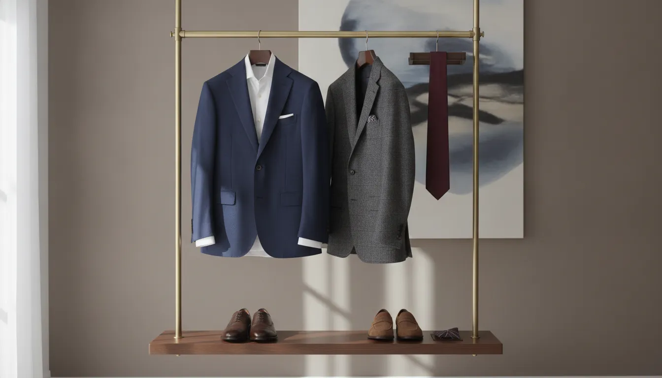 Curated wardrobe of tailored clothing arranged for personal styling
