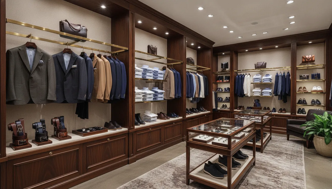 Curated mens suits and accessories displayed in a luxury boutique setting