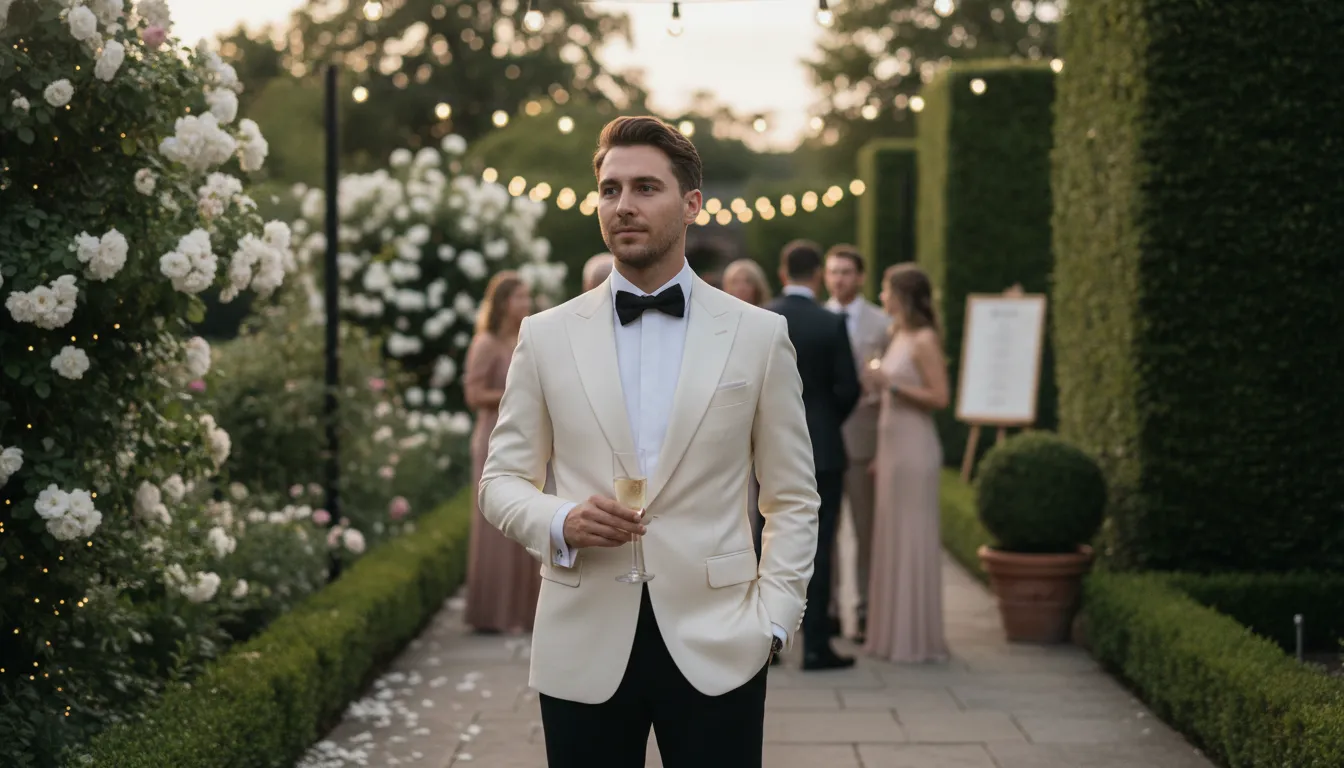 Gentleman wearing a tailored off white dinner jacket at a summer evening garden wedding