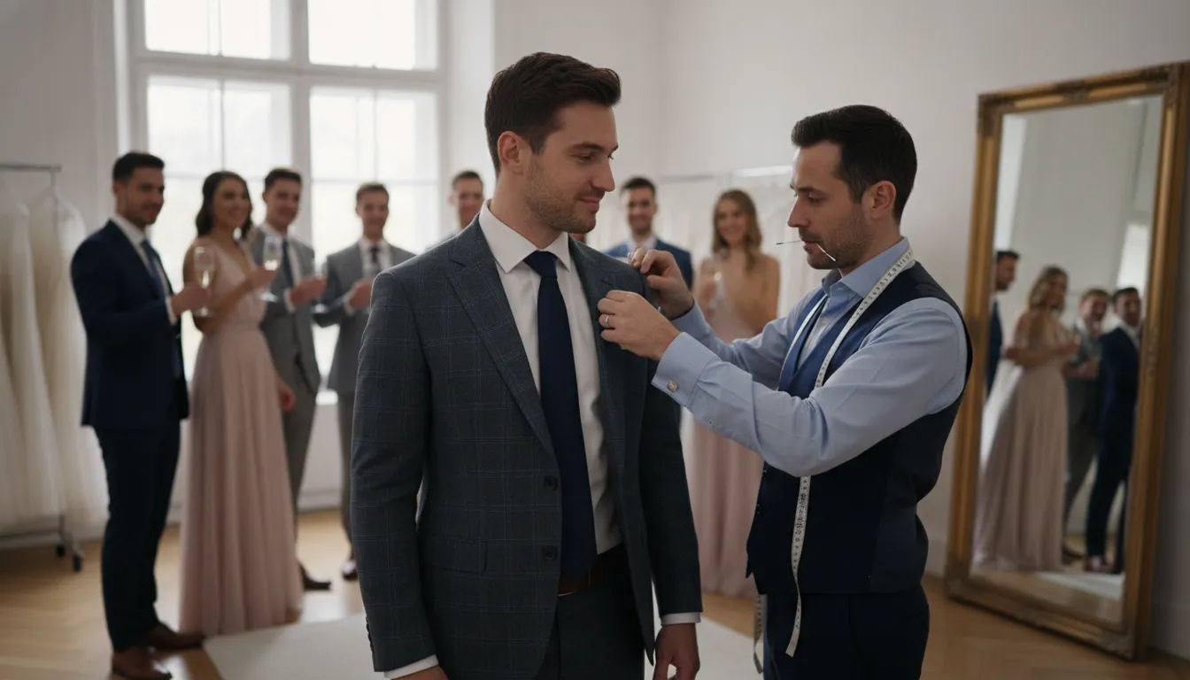 Groom wearing tailored glen plaid wedding attire