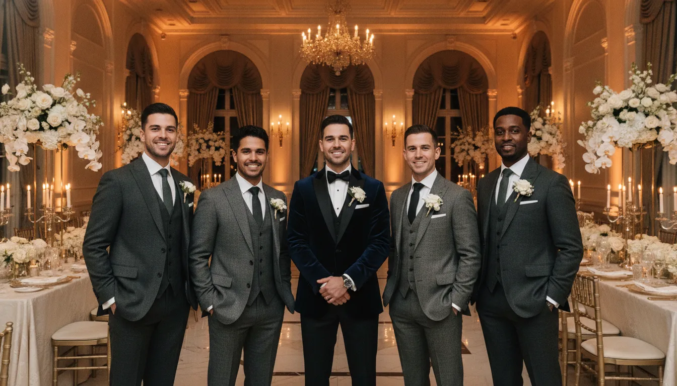Elegant wedding venue ballroom with formally dressed groom and groomsmen in custom suits and tuxedos, warm lighting, luxury atmosphere