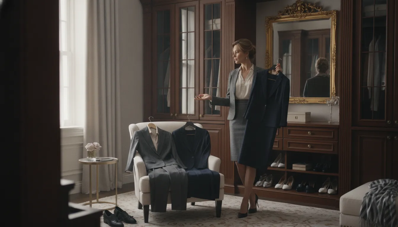 Professional trying on curated wardrobe pieces at home