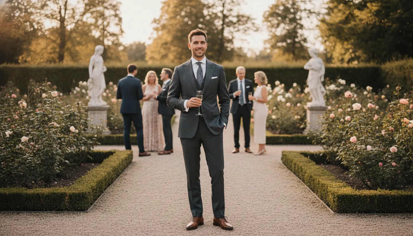 Man in polished semi-formal wedding attire with tailored jacket and dress shirt