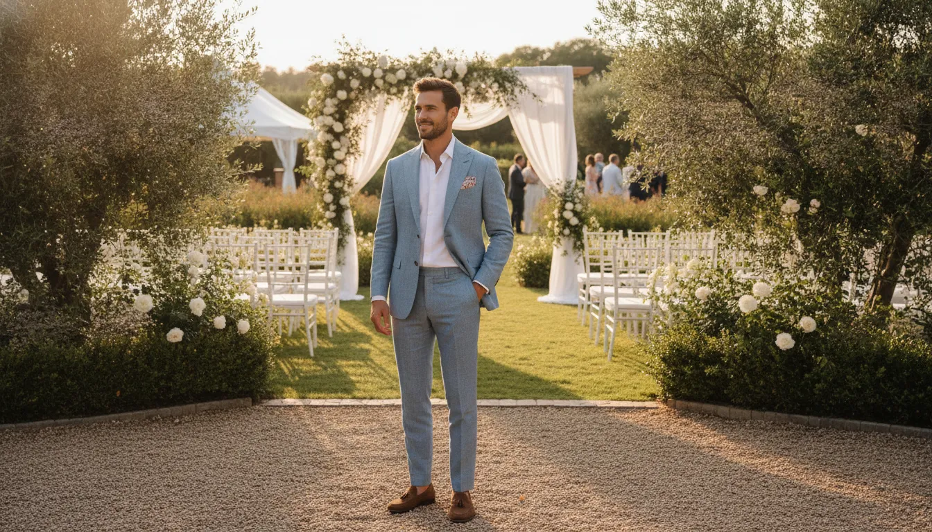 Man considering formal wedding attire in an elegant outdoor setting