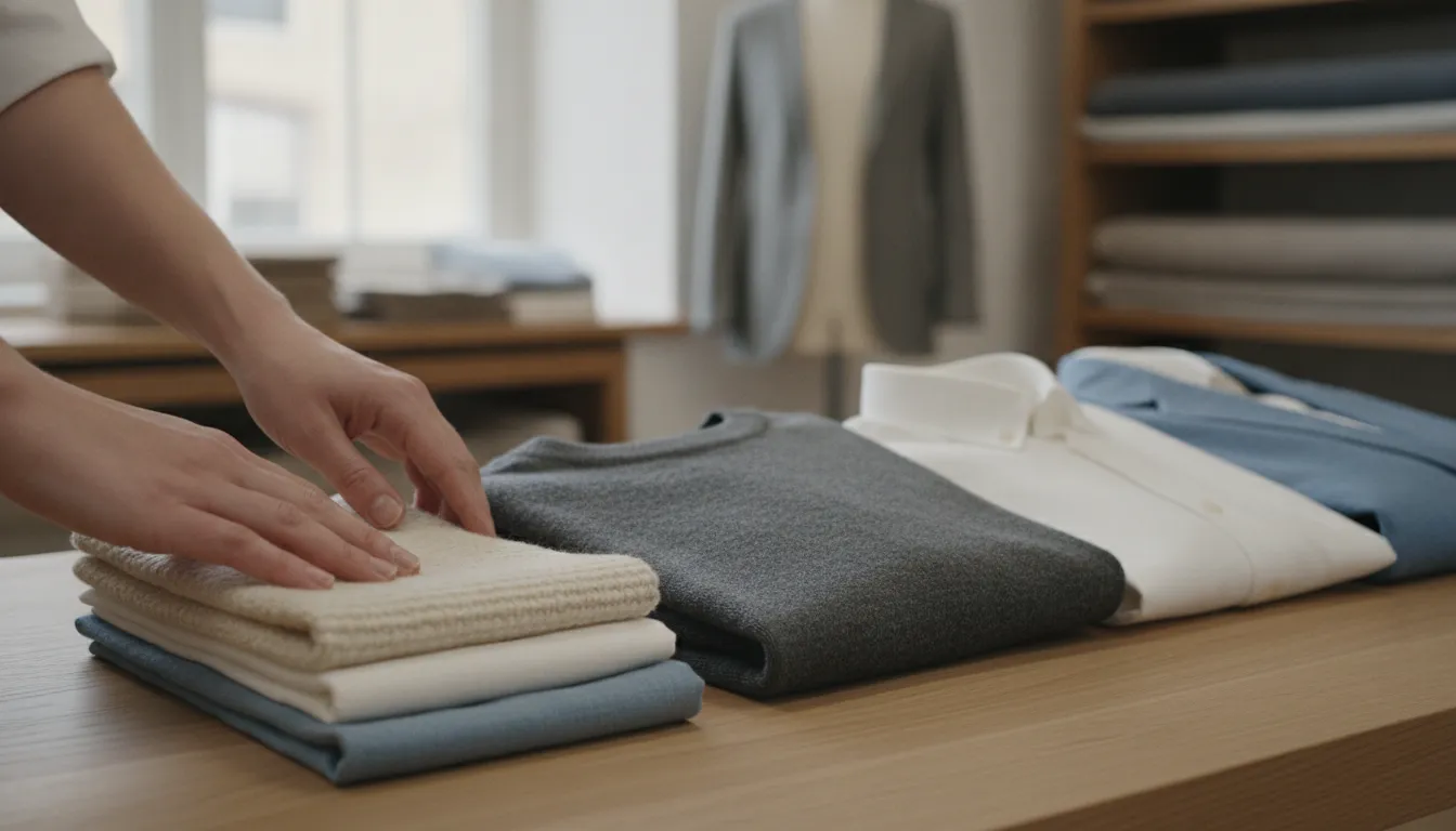 Premium fabric swatches beside curated clothing