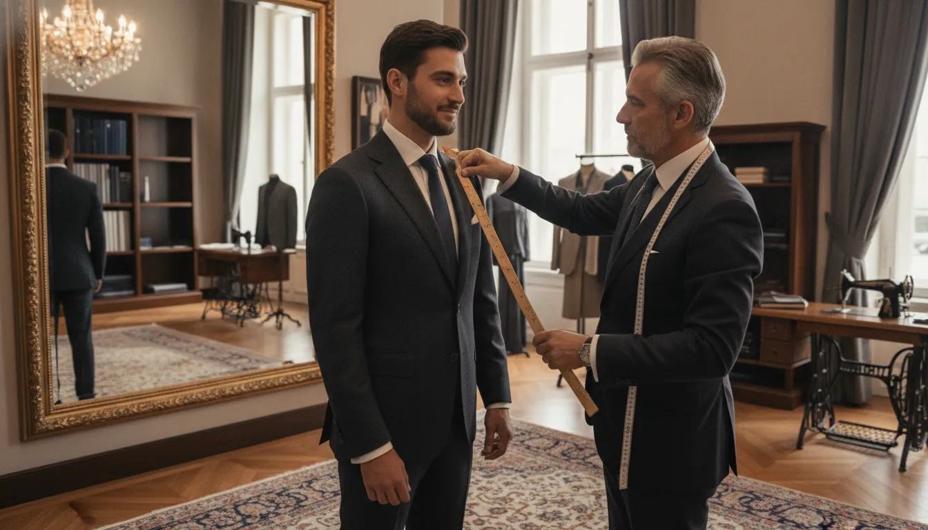 Man wearing a refined wedding suit with coordinated formal accessories