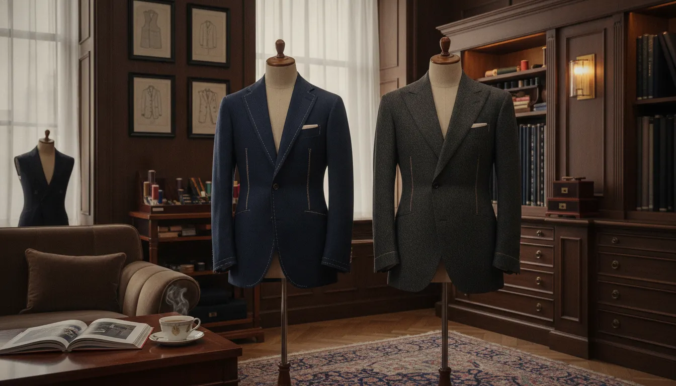 Notch and peak suit lapel styles displayed on tailored jackets