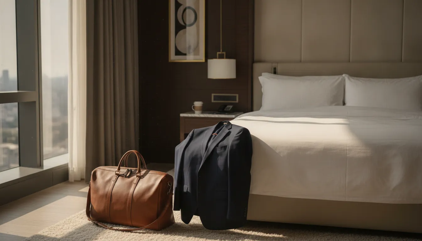 Navy travel suit beside a leather weekender in a hotel room