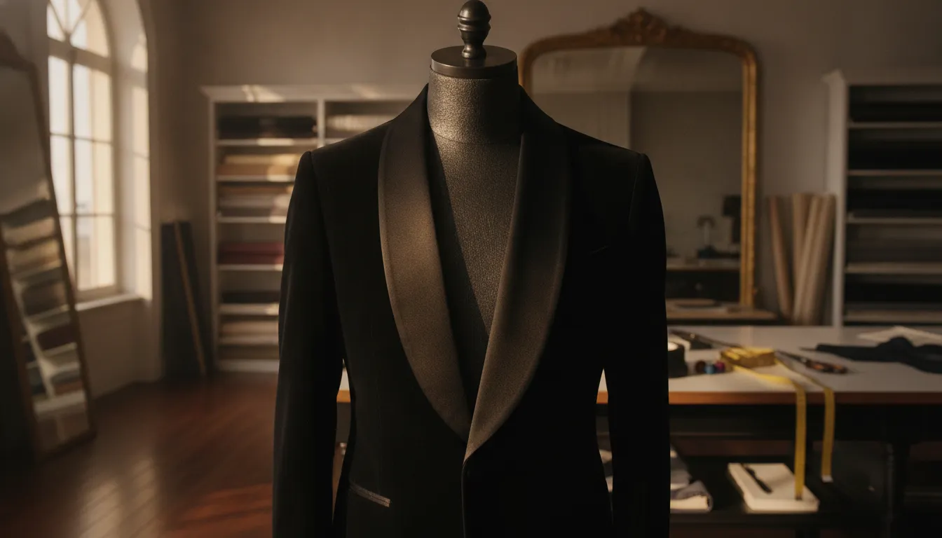 Black velvet tuxedo jacket with a satin shawl lapel