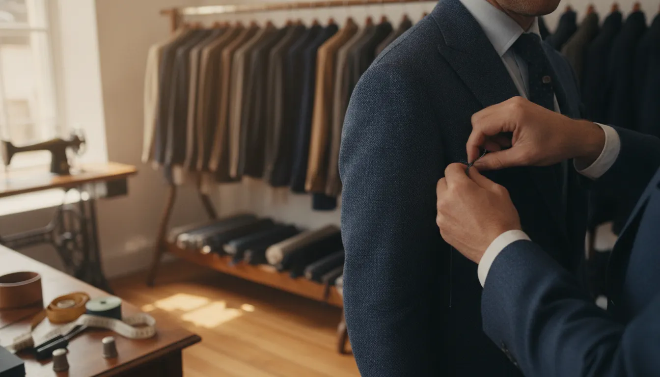 Tailor checking a client's jacket shoulder and sleeve fit