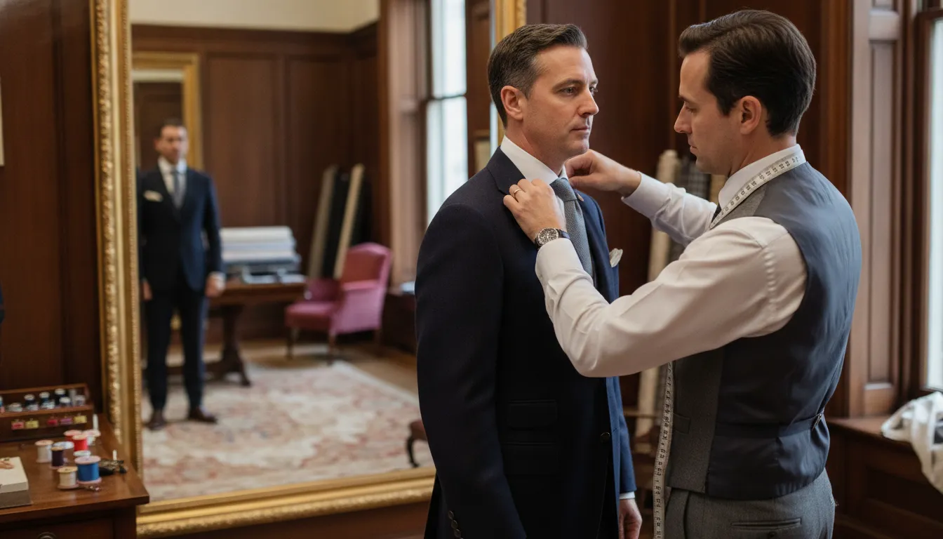 Tailor measuring a jacket for a polished cocktail-attire fit