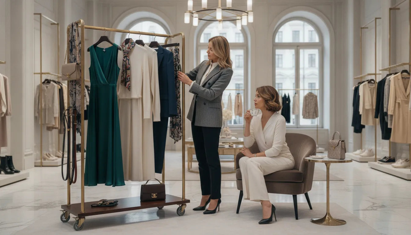 Fashion professional arranging coordinated garments during a wardrobe consultation