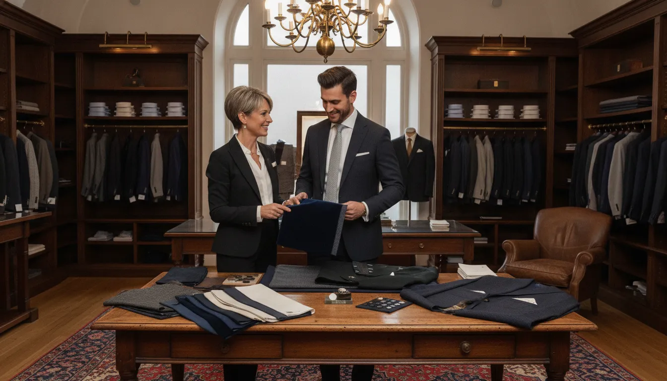 Groom and stylist reviewing wedding fabric and attire choices