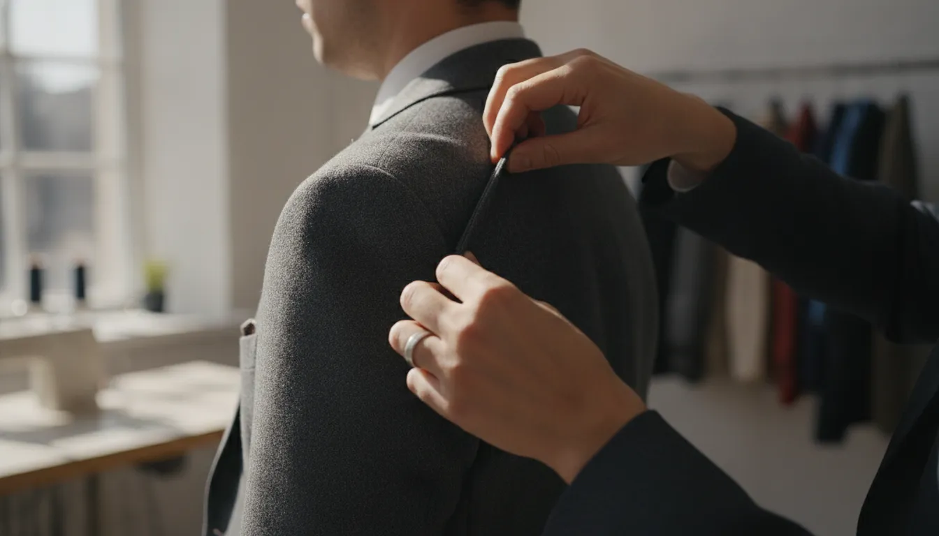 Stylist and client reviewing custom tailoring details in a fitting consultation