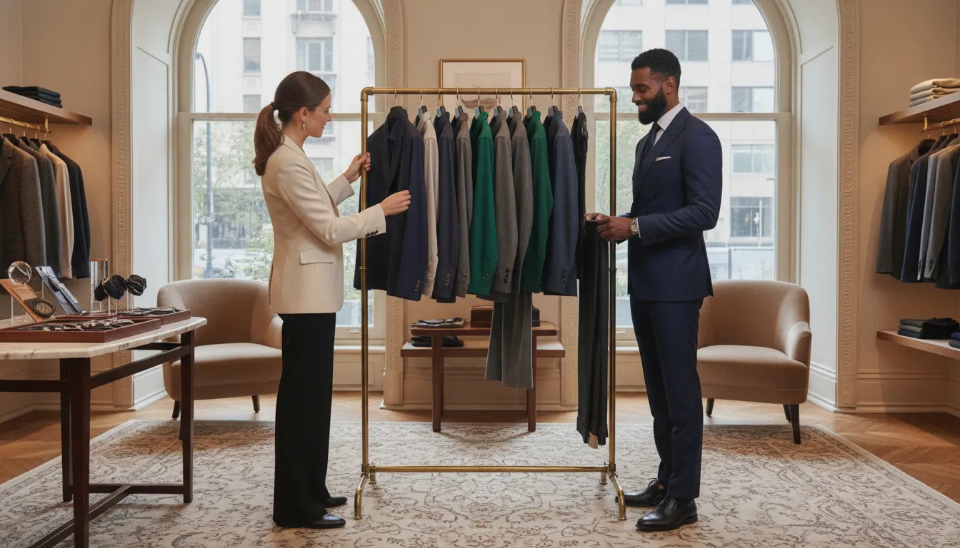 Stylist helping a client review coordinated outfit options in a refined clothing setting