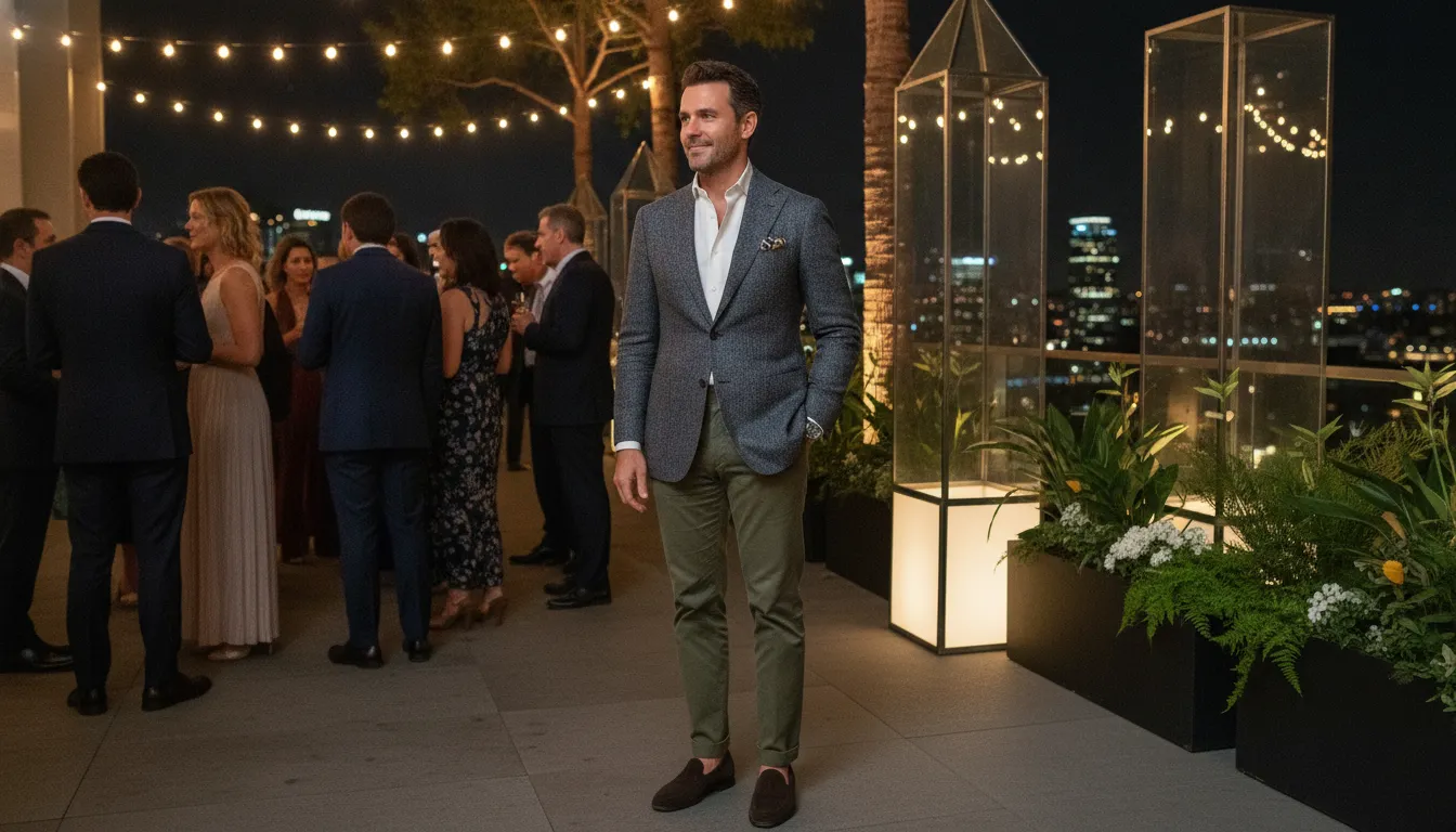 Man wearing a textured jacket and complementary trousers in an elevated casual setting
