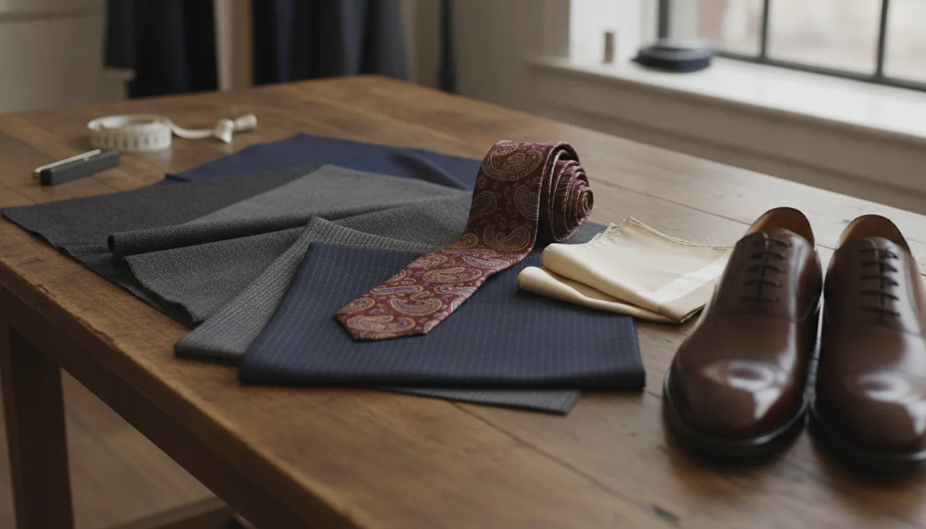 Close view of refined wool suit fabric showing its weave and texture