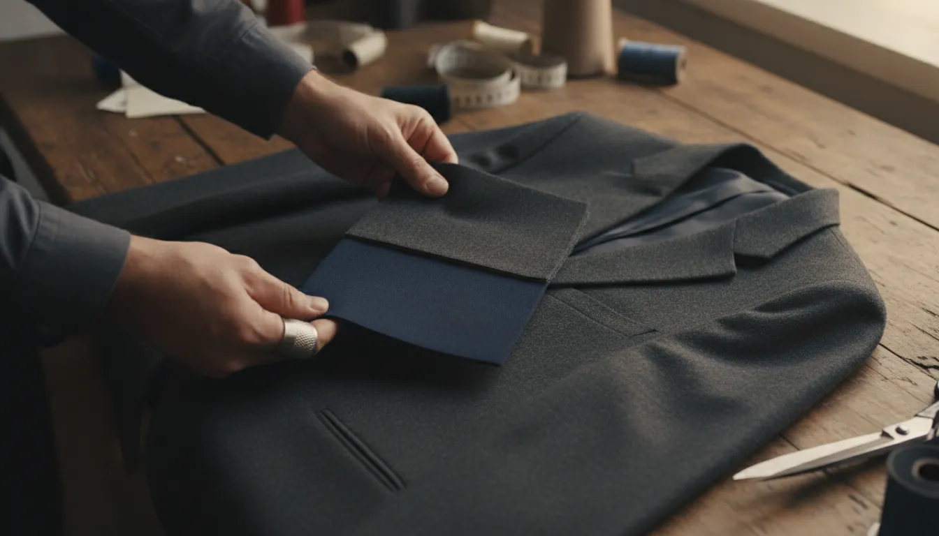 Close-up view of carefully selected suit fabrics in different textures and weights