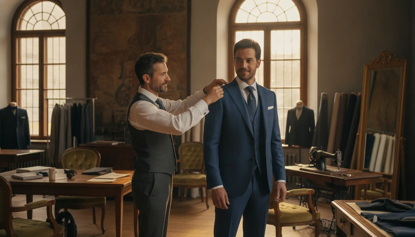 Professional tailor fitting a man's suit jacket
