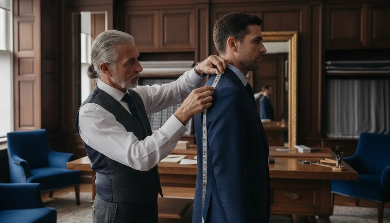 Tailor taking precise suit measurements