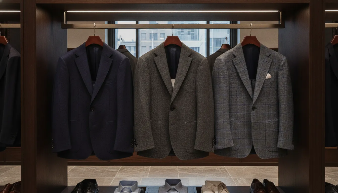 Curated men's suits in a tailored wardrobe
