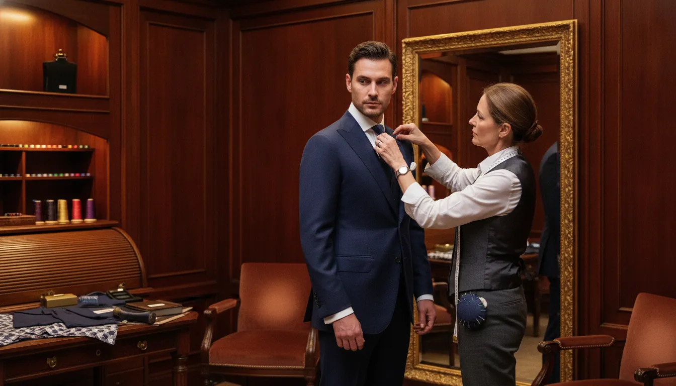 Tailored suit jacket being assessed for shoulder fit