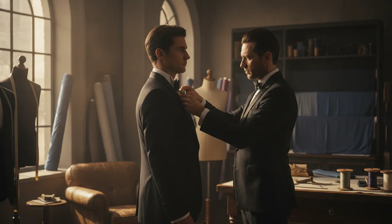 Tailor preparing a black tuxedo fitting