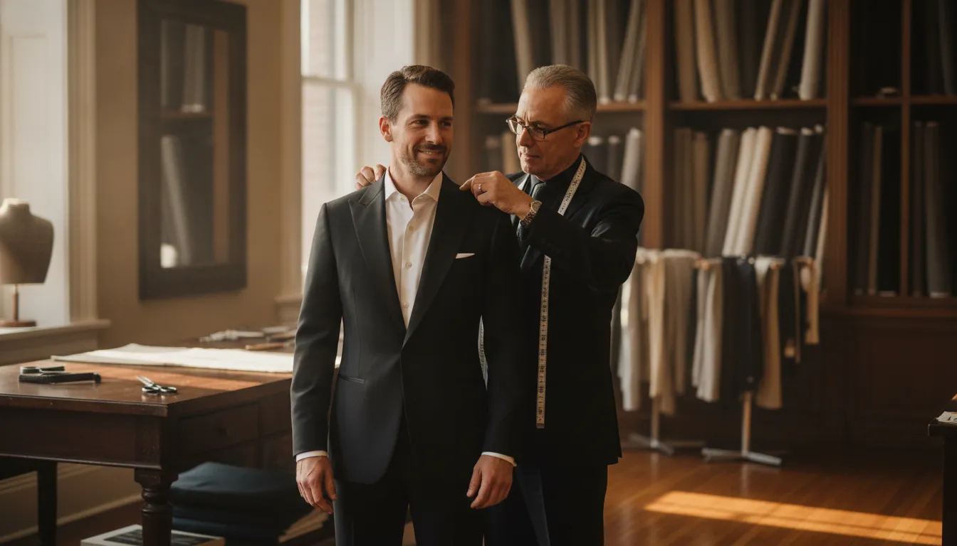 Tailor measuring a client during a custom tuxedo fitting consultation