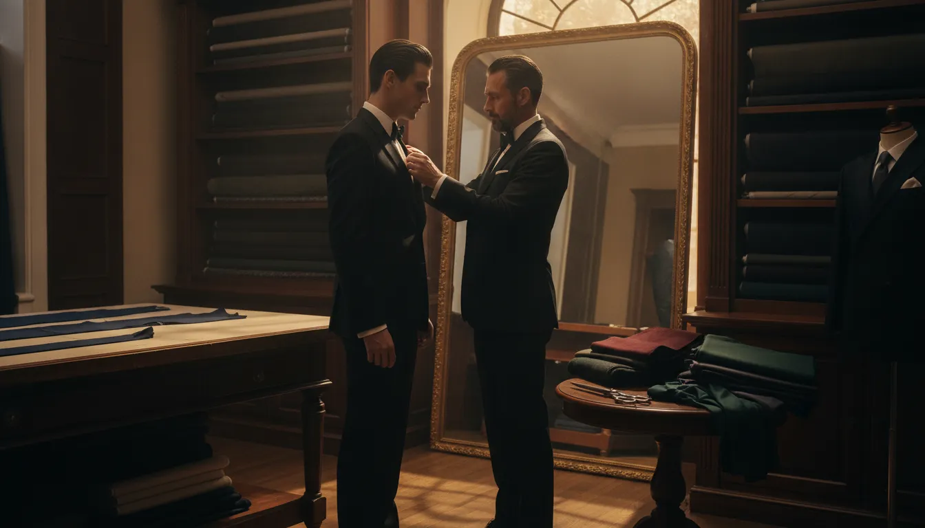 Tailor fitting a man in a black tuxedo during a formalwear consultation