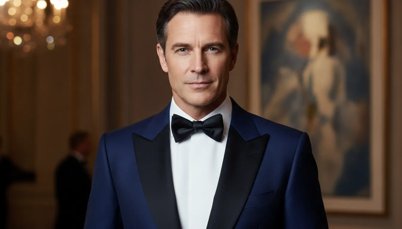Man wearing a midnight blue tuxedo during a professional fitting