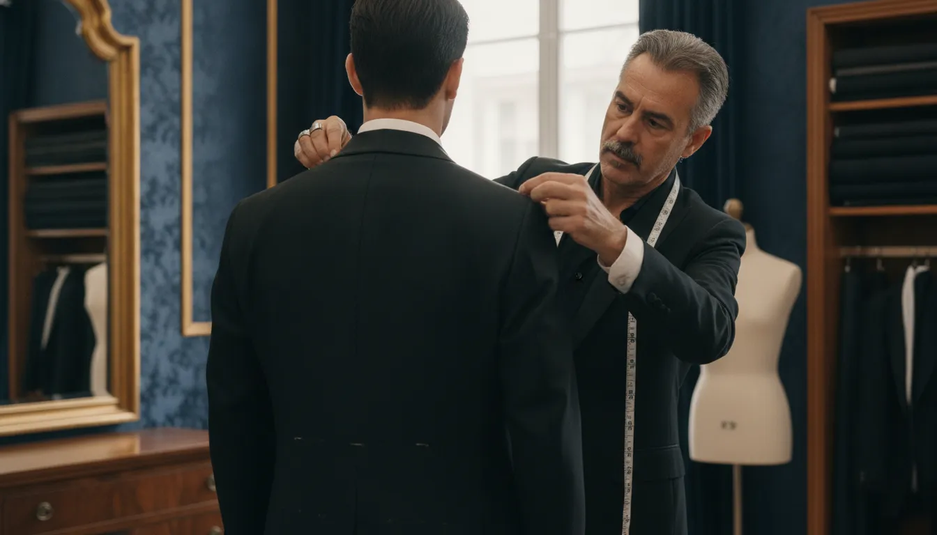 Tailor checking the shoulder fit of a custom tuxedo