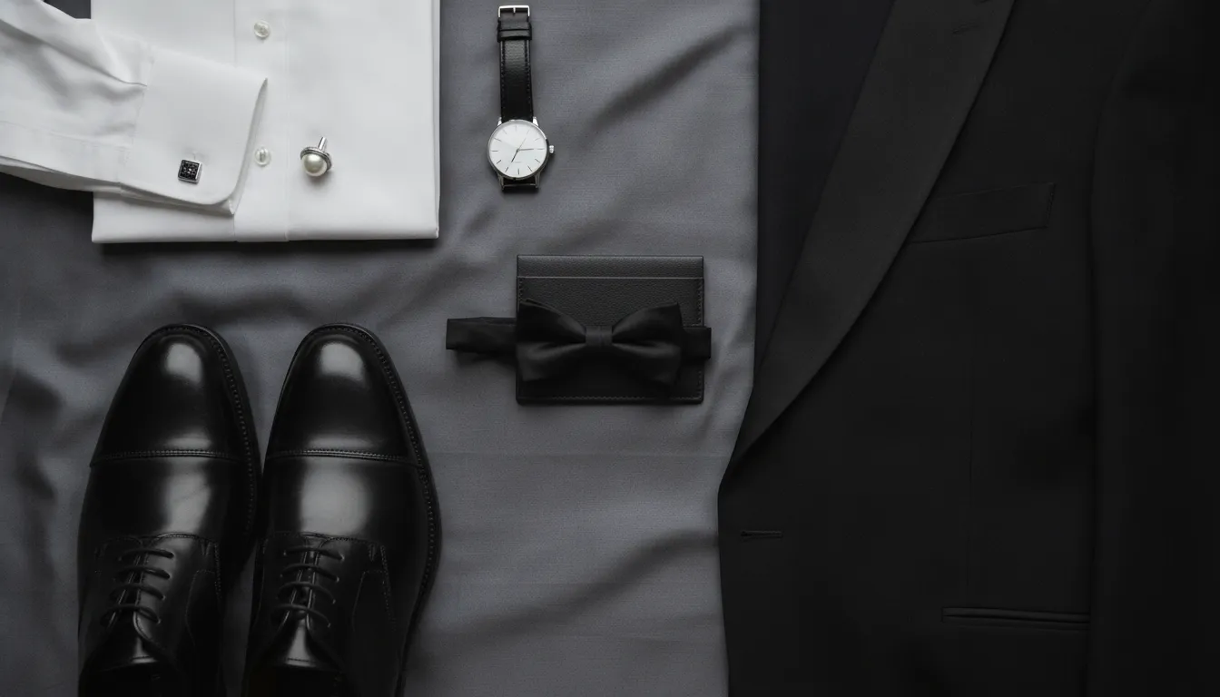 Black tie wardrobe details prepared for a formal occasion