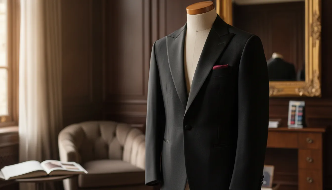 Close-up of satin tuxedo lapel and covered buttons