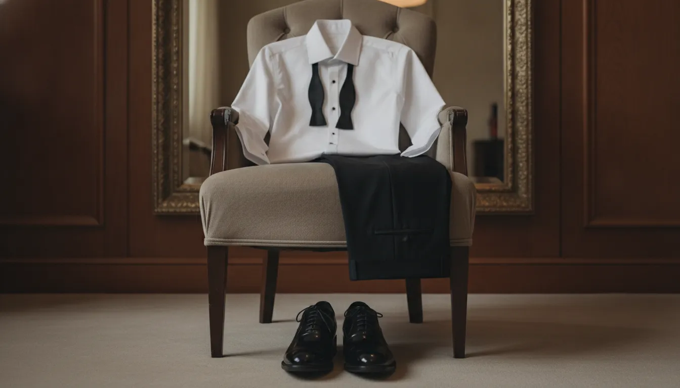 Complete tuxedo outfit with white shirt bow tie and polished shoes