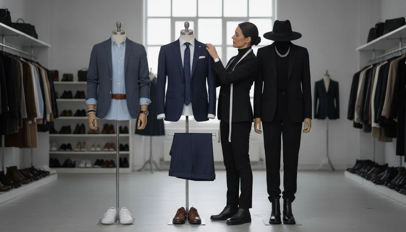 Organized professional suit wardrobe with coordinated shirts and accessories