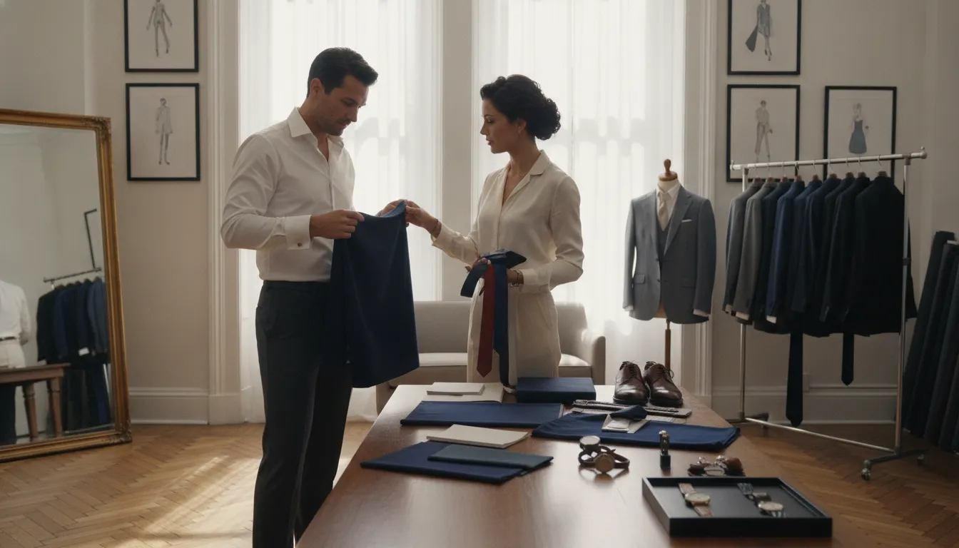 Stylist helping a client coordinate a refined event outfit