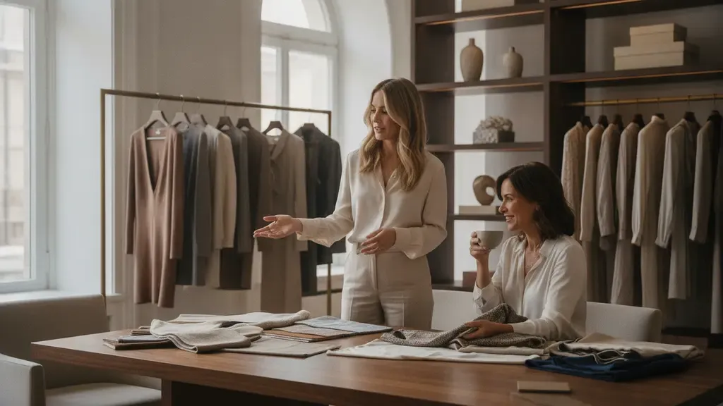 Woman discussing wardrobe goals with a personal stylist during a relaxed consultation