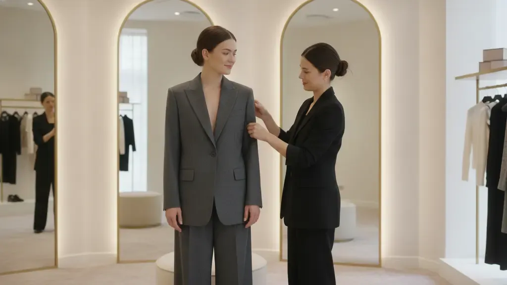 Personal stylist checking the fit of a woman's tailored blazer in a boutique