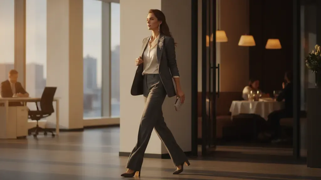 Woman wearing a versatile tailored outfit for professional and evening occasions