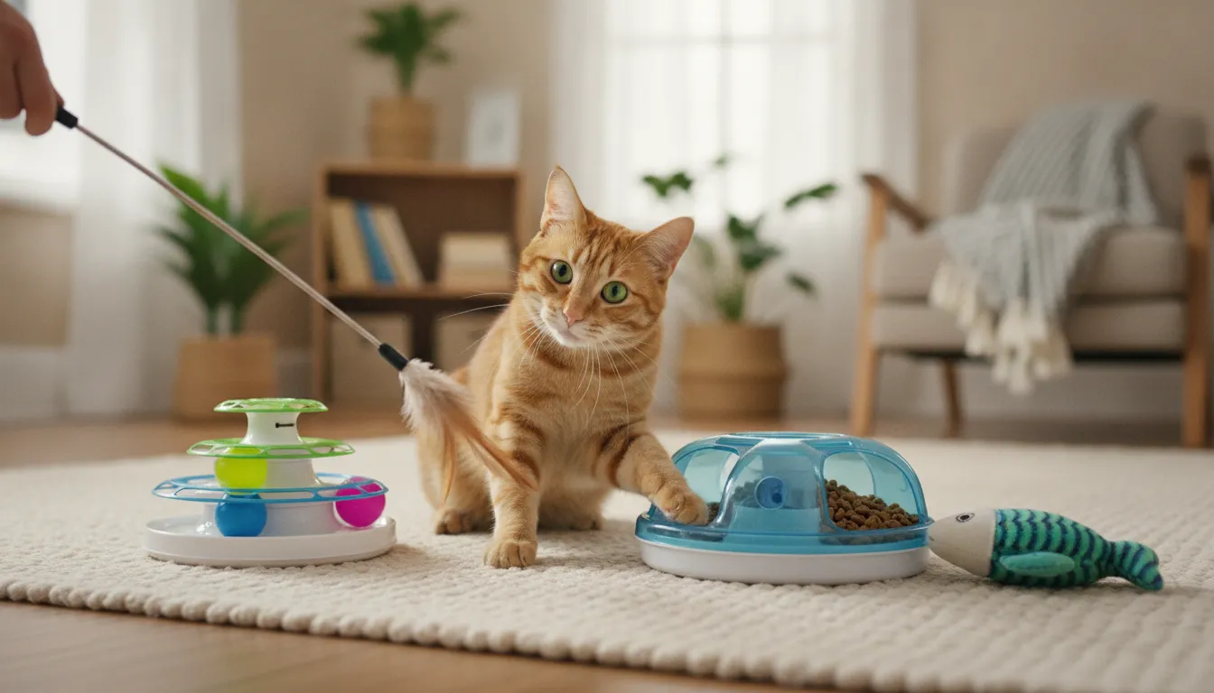 Indoor cat chasing interactive cat toys during enrichment play