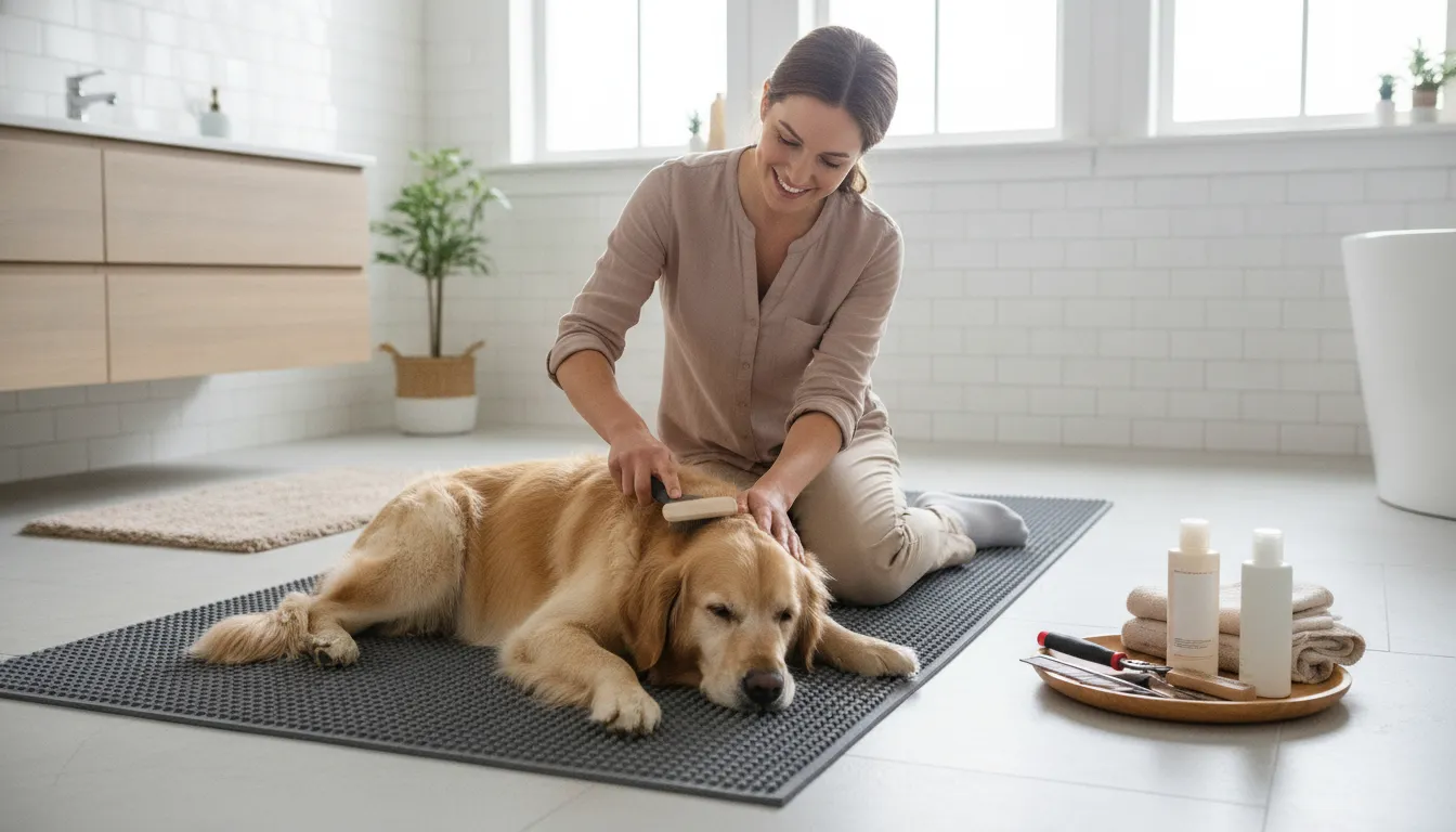 Pet owner gently brushing a relaxed dog during home grooming