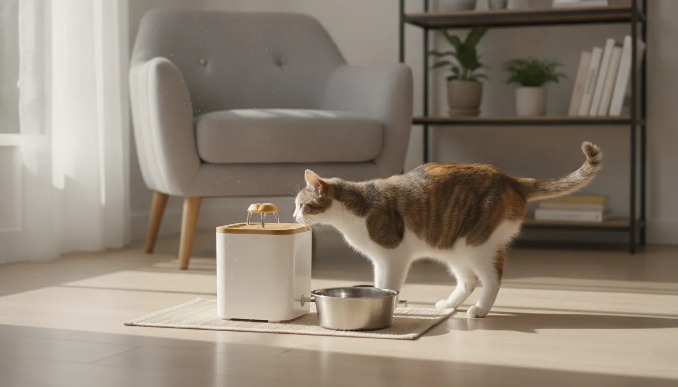 Cat beside a circulating water fountain and stainless steel bowl