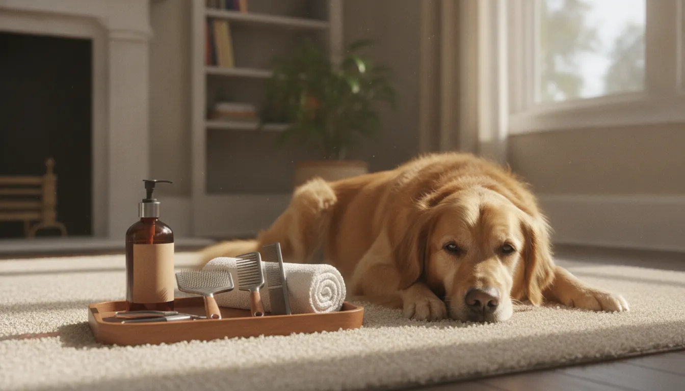 Brushes, comb, nail clippers, towel, and bathing supplies in a dog grooming kit