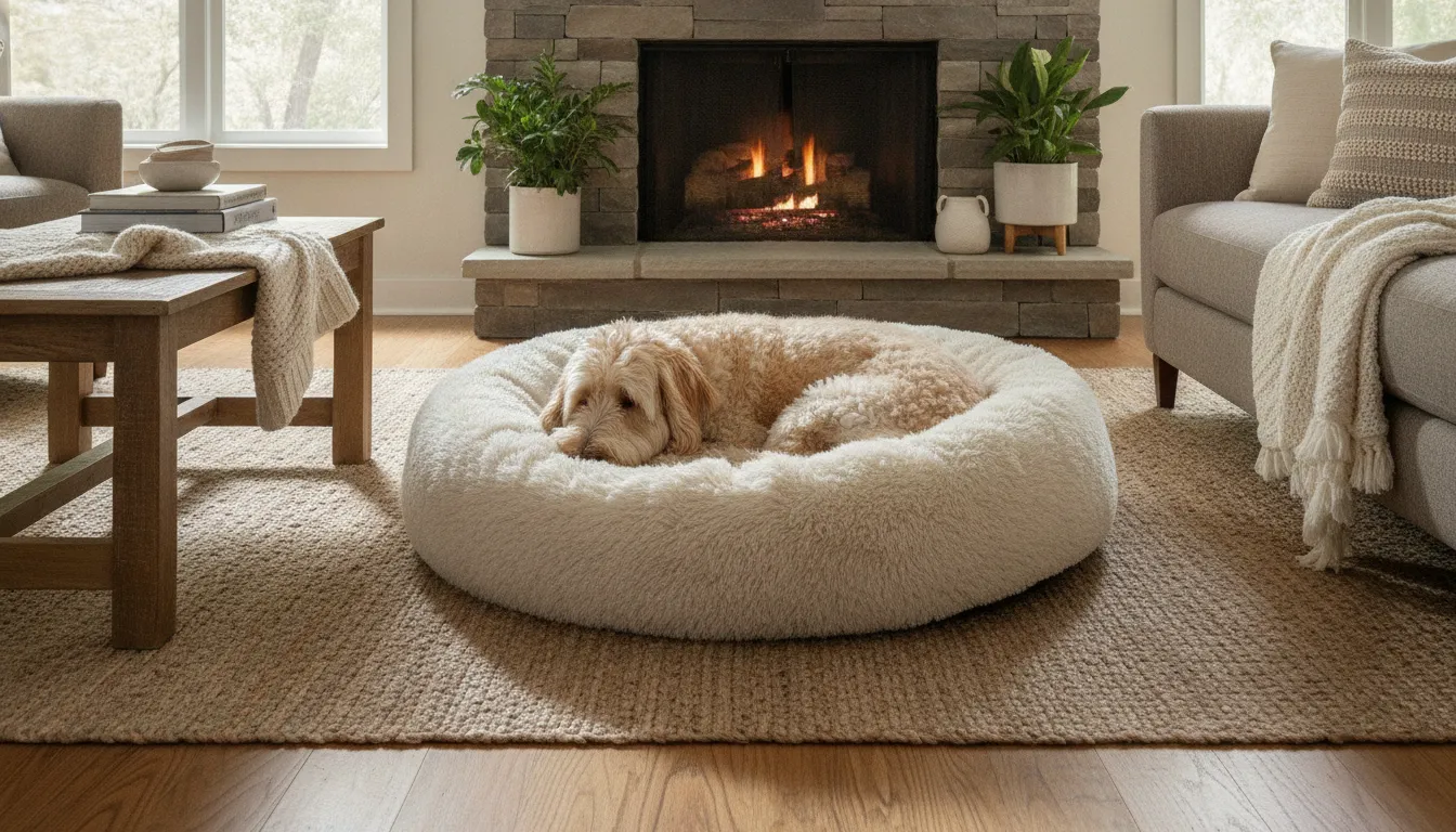 Dog curled against the raised bolster of a plush calming dog bed