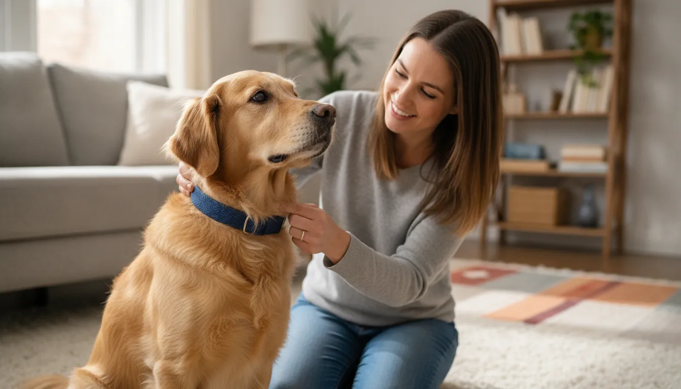 Owner using the two-finger rule to check dog collar fit