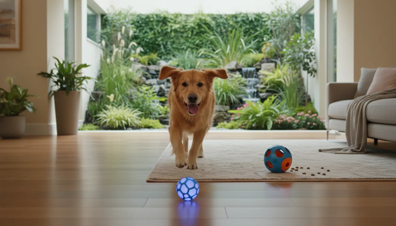 Dog using interactive dog toys indoors