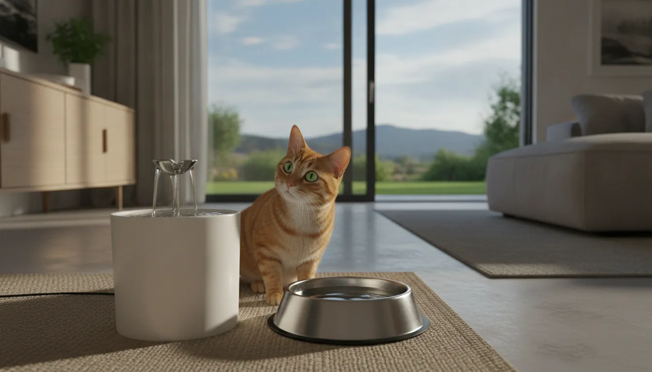 Cat comparing a circulating water fountain with a simple water bowl