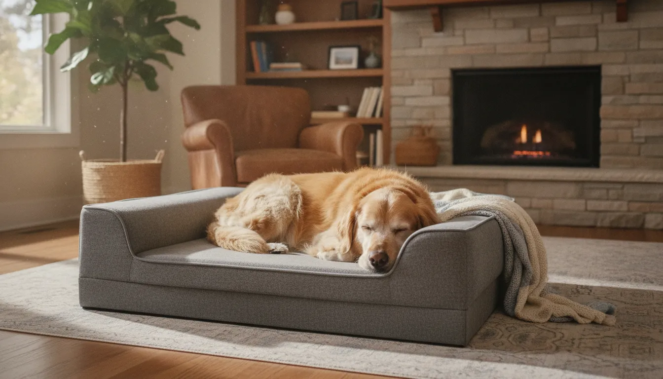Senior dog resting on a thick supportive orthopedic dog bed