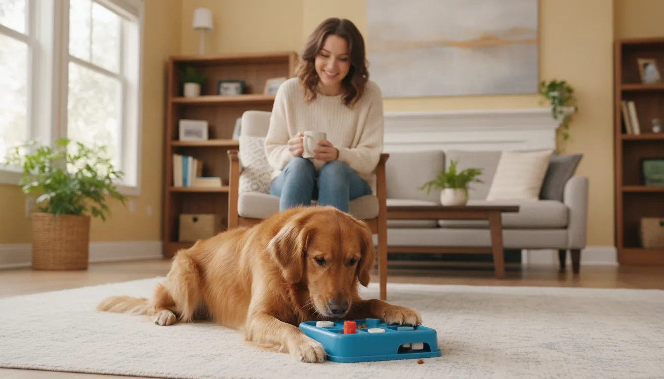 Dog engaging with a puzzle feeder during supervised mealtime